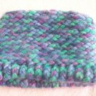 Hand-knitted tot hat, blue, green and purple