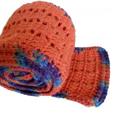 Long Orange Crocheted Scarf with Colorful Edge