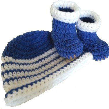 Newborn Booties and Striped Hat set in Blue White