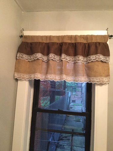 Natural/Dark Brown Burlap Ruffle Valance With White Lace