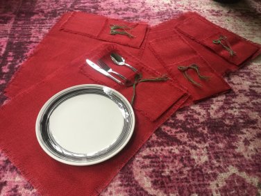 Red burlap placemats silverware/flatware pouches set with frayed edges
