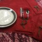 Red burlap placemats silverware/flatware pouches set with frayed edges