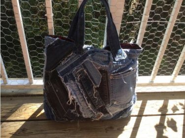 Upcycled Denim Jeans Patchwork Frayed Tote Bag Hobo Handbag