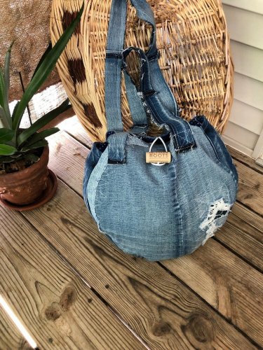 Upcycled Denim Jeans Handmade Round Shoulder Bag Rag Bag Tote Basket Bag