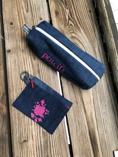 Recycled Denim Box Pencil Case Pencil Pouch Make Up Bag (Free Change purse)