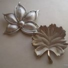 2 Vintage Textured Silver Tone Autumn Fall Brooches