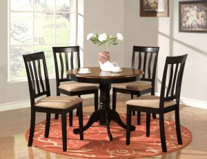 5-PC Antique Round Dinette Kitchen Table with 4 Chairs in Black & Saddle Brown. SKU#: AN5-BLK