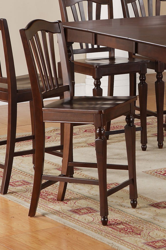Set of 2 Chelsea counter height stools with wooden seat in Mahogany finish.