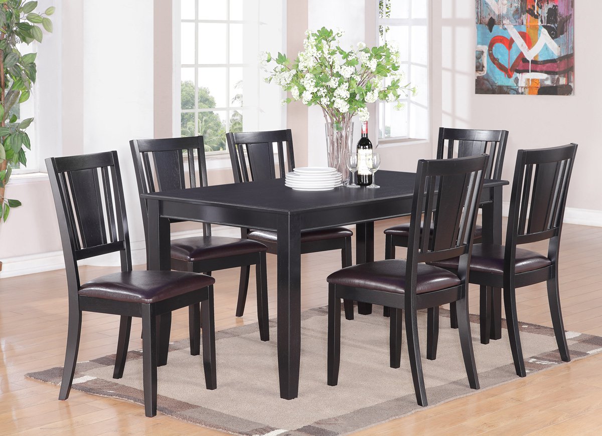 7PC DUDLEY DINING TABLE 36x60 w/6 LEATHER SEAT CHAIRS IN BLACK, SKU DU7BLKLC