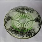 Vtg.STERLING SILVER Overlay on Green Depression Glass Dish Plate Marked Sterling