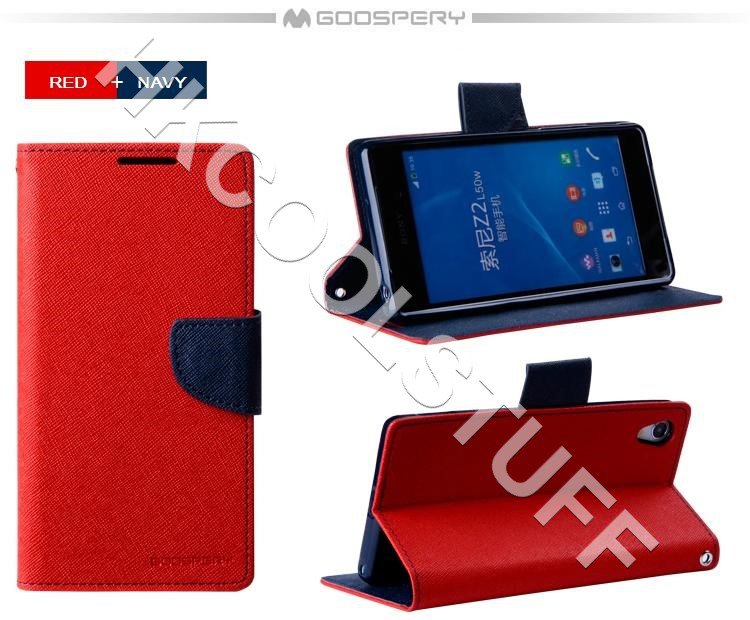 Genuine Mercury Goospery Fancy Diary Wallet Case Cover for Sony Xperia Z2 Red+Navy