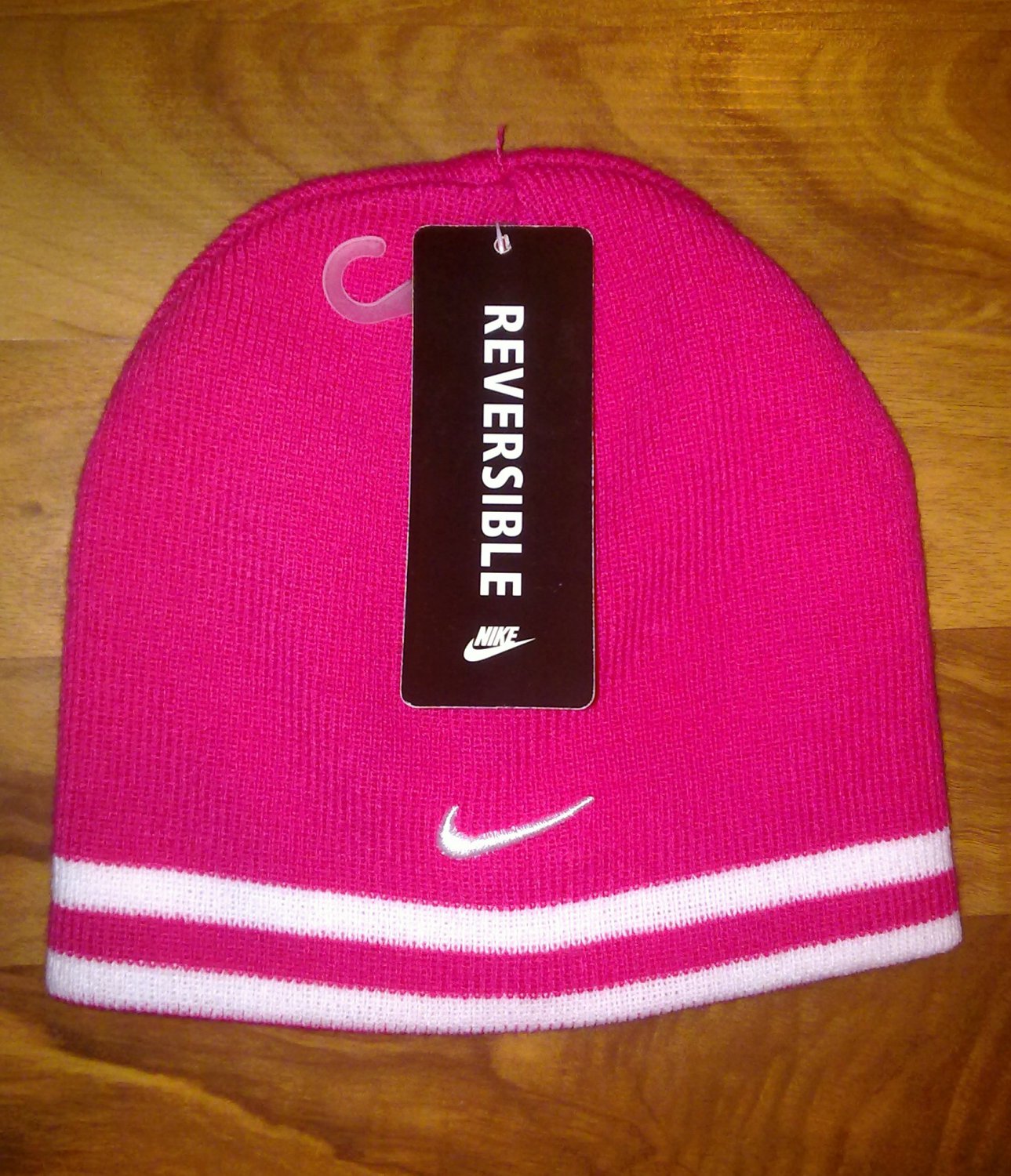 NWT $18 Nike Girls Reversible Knit Beanie Hat Pink/White Sz 7-16
