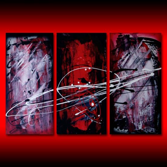 Abstract triptych red black white splatter art