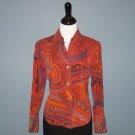 Pre-Owned Ellen Tracy Orange Red Abstract 100% Silk L/S Shirt Blouse - 6P