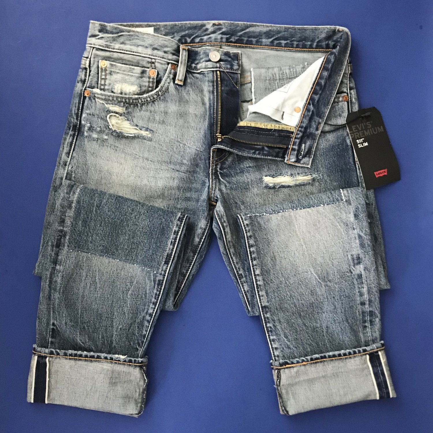 NWT Levi's Premium 511 Slim Destroyed Distressed Selvedge Denim Jeans ...