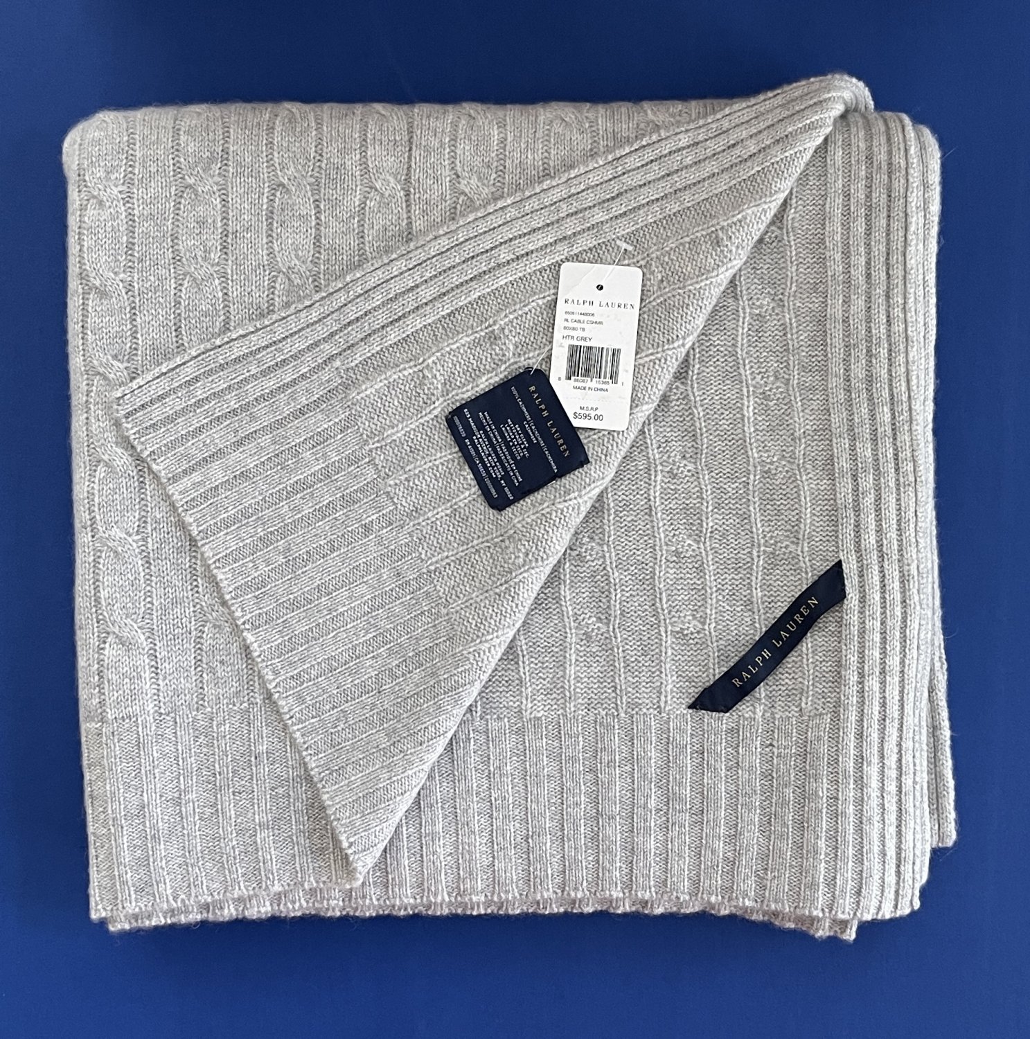 NWT Ralph Lauren 100 Cashmere Heather Gray Cable Throw Blanket 60" x 60"