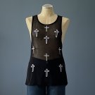 NWT The Classic Sheer Mesh Black Embroidered Crosses Tank Top - L NWT The Classic Sheer Mesh Black Embroidered Crosses Tank Top - L