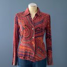 Pre-Owned Ellen Tracy Orange Red Abstract 100% Silk L/S Shirt Blouse - 6P