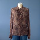 Pre-Owned Ellen Tracy 100% Silk Brown Paisley Ruffle Front Sheer Blouse - 6