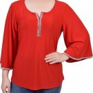 NY Collection Womens Red 3/4 Bell Sleeve Top with Stones Petite Size PM NY Collection Womens Red 3/4 Bell Sleeve Top with Stones Petite Size PM