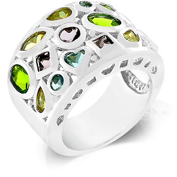 Fashion Ring with multi-colored & Multi-shaped cubic zirconia in silvertone, size 8