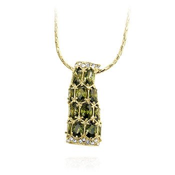 Fashion pendant with Olive Green cubic zirconia on the chain in goldtone
