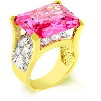 Fashion ring with pink and clear cubic zirconia in goldtone, size 8