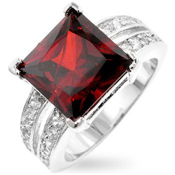 Cubic Zirconia Fashion Ring with red & clear CZ in silvertone, size 8