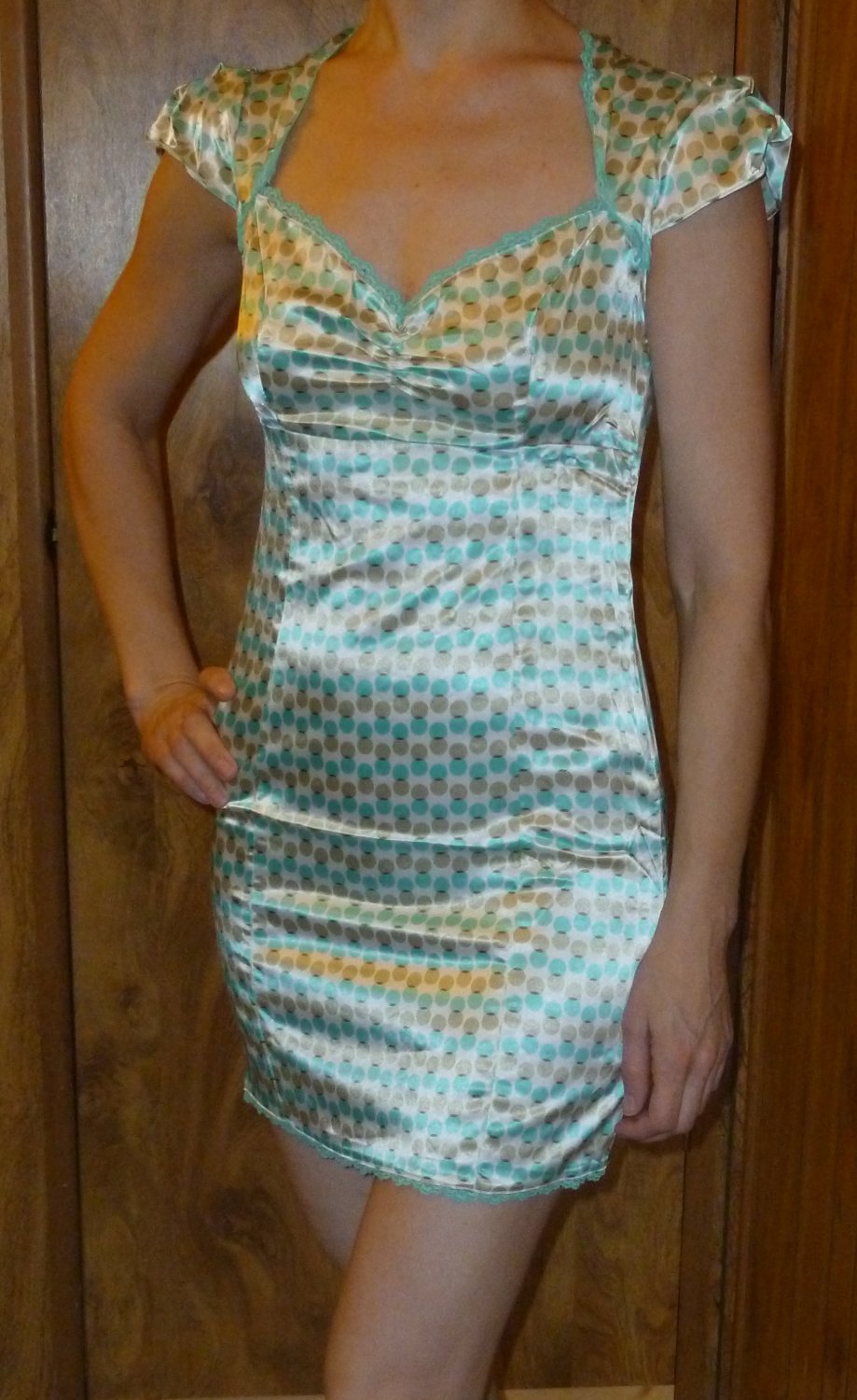 Marine Blue polka dot mini dress with lace, Size Juniors Large, L