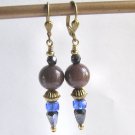 Chocolate Aventurine and Faceted Crystal with Vintage Brass Artisan Made Earrings
