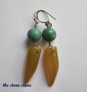 Turquoise and Yellow Agate Horn Amulet Artisan Made Earrings