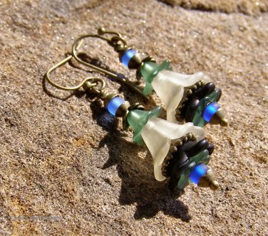 Handmade Ivory and Black Lucite Fairy Flower Earrings