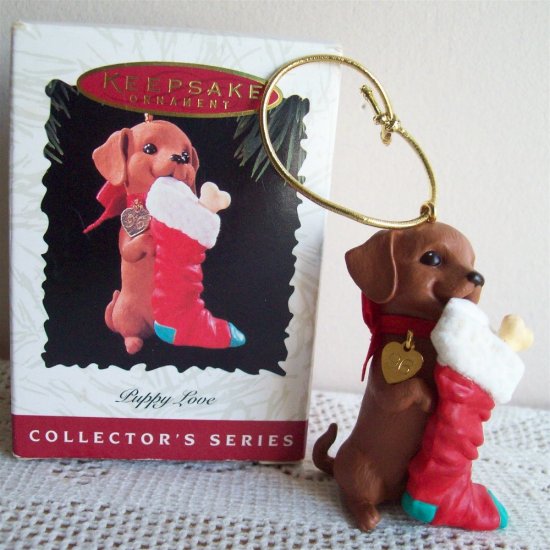 1996 Hallmark 6 Puppy Love Series Christmas Ornament Dachshund Dog Stocking