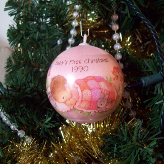 Baby's First Christmas 1990 Hallmark Pink Satin Ball Ornament