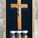 Olive Wood Wall Cross with Crucifix + 3 Bottles Gift Set