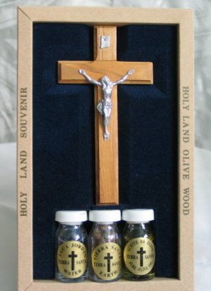 Olive Wood Wall Cross with Crucifix + 3 Bottles Gift Set