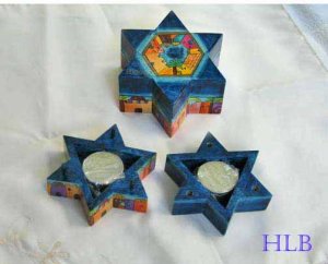 Candlesticks   Emanuel Wood Hand Painted Shabbat 'Star of David'