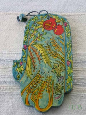 Wood Hamsa Emanuel Hand Painted Wall Decor  'Seven Species'