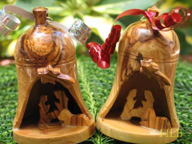 2 Olive Wood Christmas Bell Ornaments With Nativity Scene