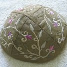 Yair Emanuel Silk Embroidered Kippa Olive Green Flowered -- YME3G