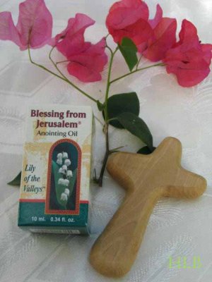 Olive Wood Comfort Cross & Lily of the Valley Anointing Oil