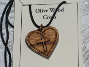Double Layered Heart Cross Olive Wood Pendant Necklace