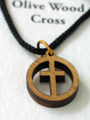 Olive Wood Cross In Circle Pendant Necklace