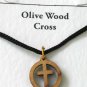Olive Wood Cross In Circle Pendant Necklace