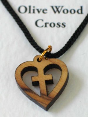 Olive Wood Heart Cross Pendant Necklace