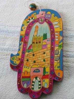 Wood Hamsa Emanuel Hand Painted Wall Decor  'Jerusalem Walls'