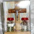 Olive Wood Cross Crucifix with 2 Bottles of Jerusalem Holy Earth and Water