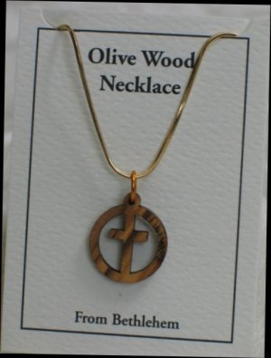 Olive Wood Cross In Circle Pendant Necklace With Gold Chain