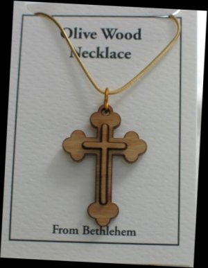 Double Layered Eastern Cross Olive Wood Pendant Necklace With Gold Chain