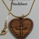 Double Layered Heart Cross Olive Wood Pendant Necklace With Gold Chain